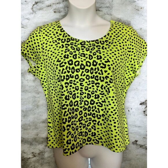 Ruby Rd Womens Petite Lime Green Leopard Print Short Sleeve Stretch Top NEW PXL - Picture 2 of 10